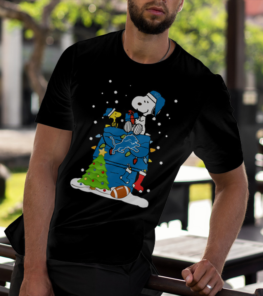 Detroit Lions Snoopy Christmas Football House With Tree And Stockings T-Shirt