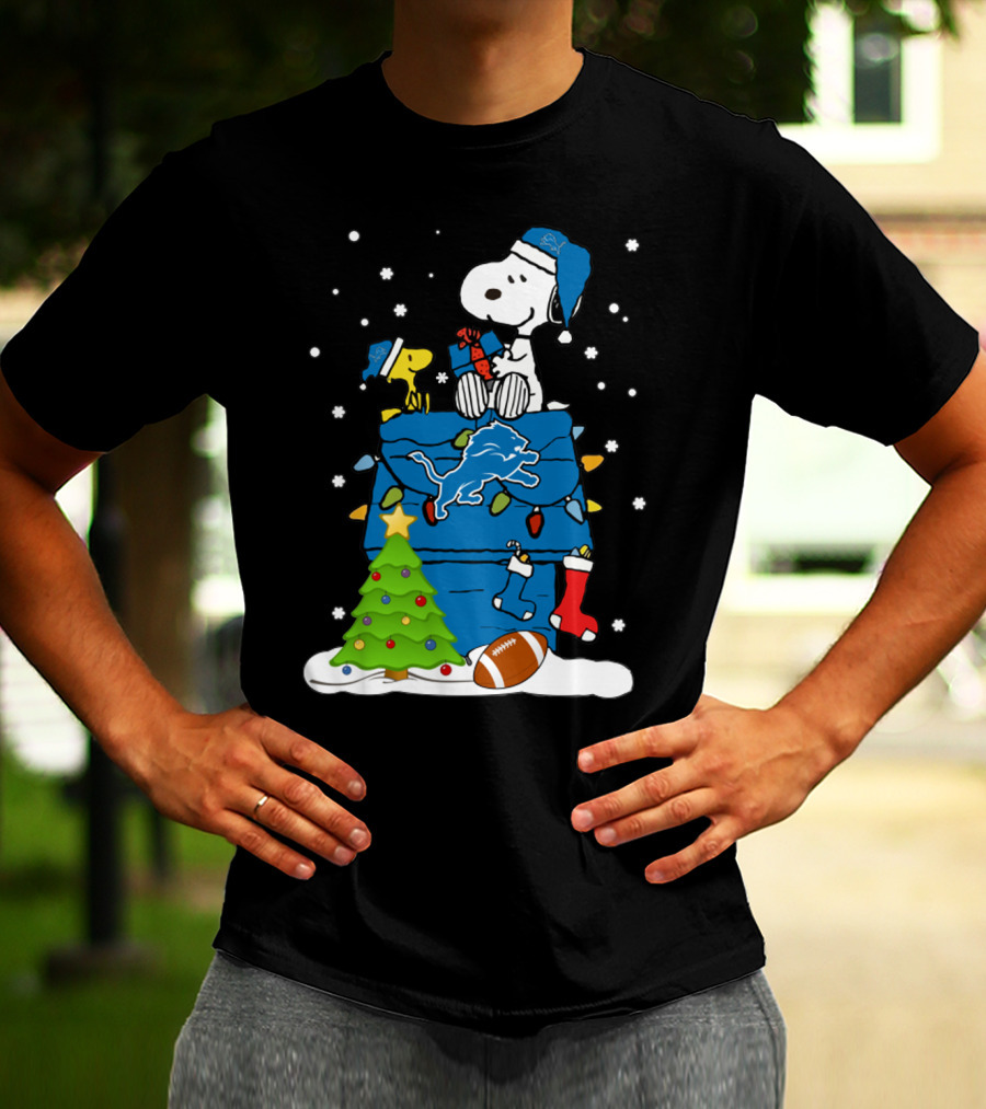 Detroit Lions Snoopy Christmas Football House With Tree And Stockings T-Shirt