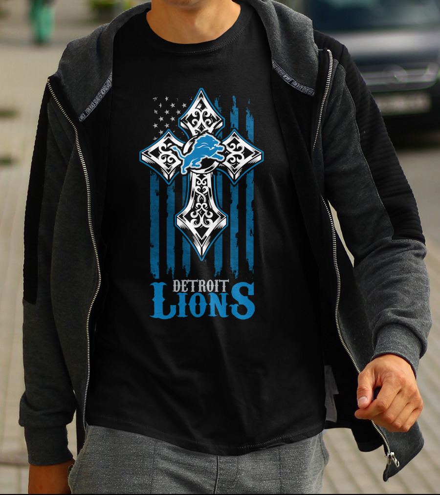 Detroit Lions Cross And Flag Design With Blue Lion T-Shirt