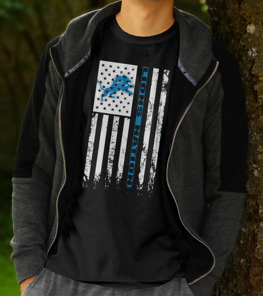 Detroit Lions Nation Flag Design With Blue Lion And Stars T-Shirt