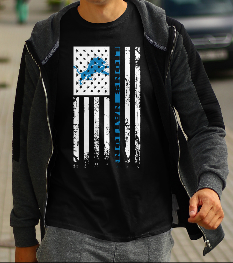 Detroit Lions Nation Flag Design With Blue Lion And Stars T-Shirt