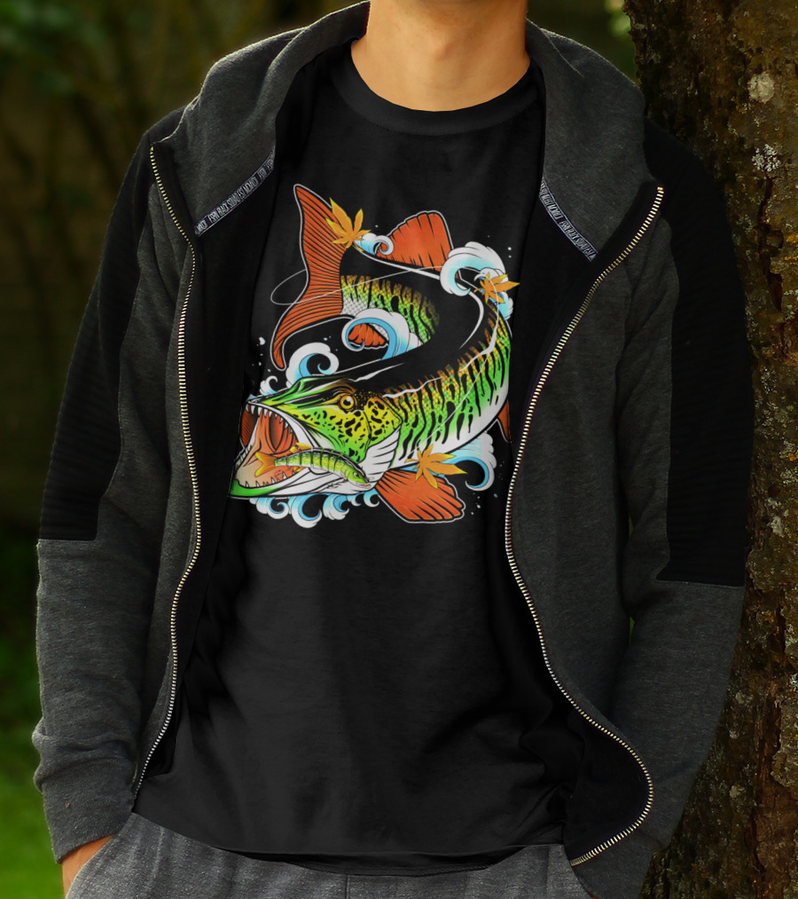 Angry Musky Fishing Splashing Leaves Dynamic T-Shirt