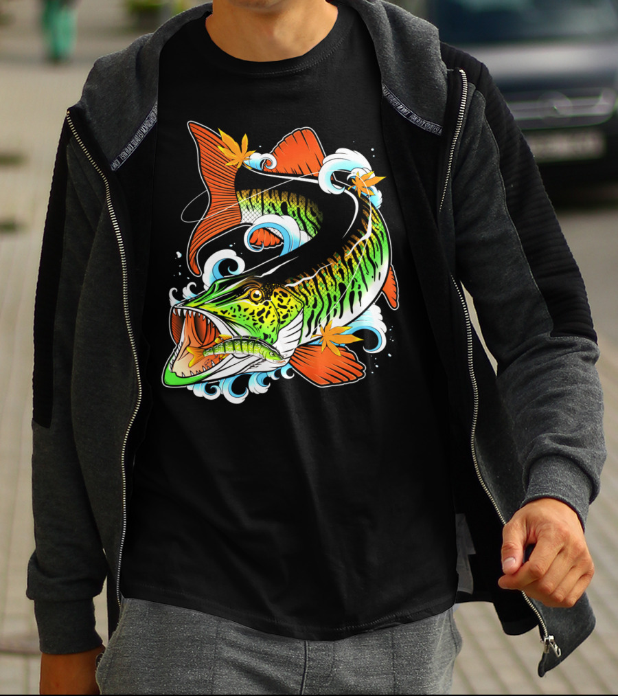 Angry Musky Fishing Splashing Leaves Dynamic T-Shirt