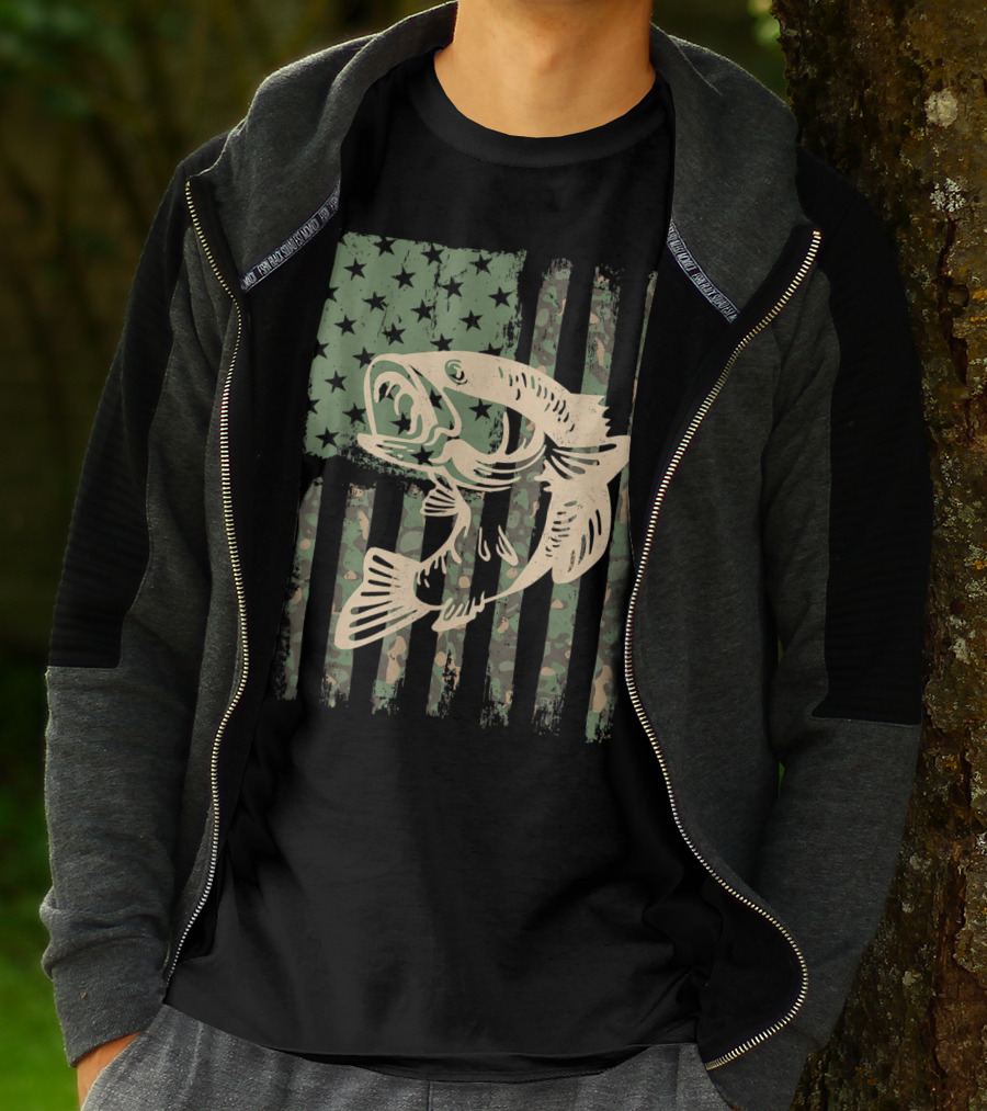 Camouflage USA Flag Big Mouth Bass Fishing T-Shirt