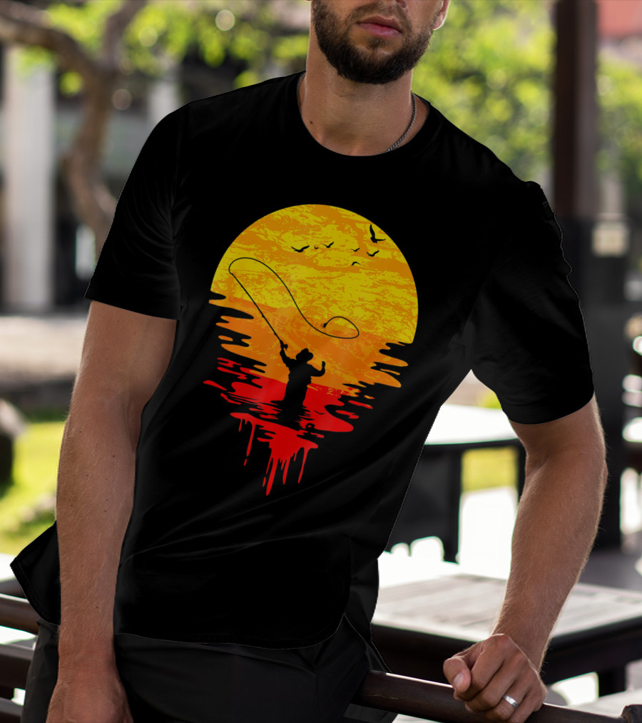 Fly Fishing At Sunset Vintage Style Silhouette With Birds T-Shirt