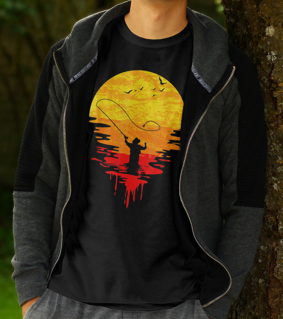 Fly Fishing At Sunset Vintage Style Silhouette With Birds T-Shirt