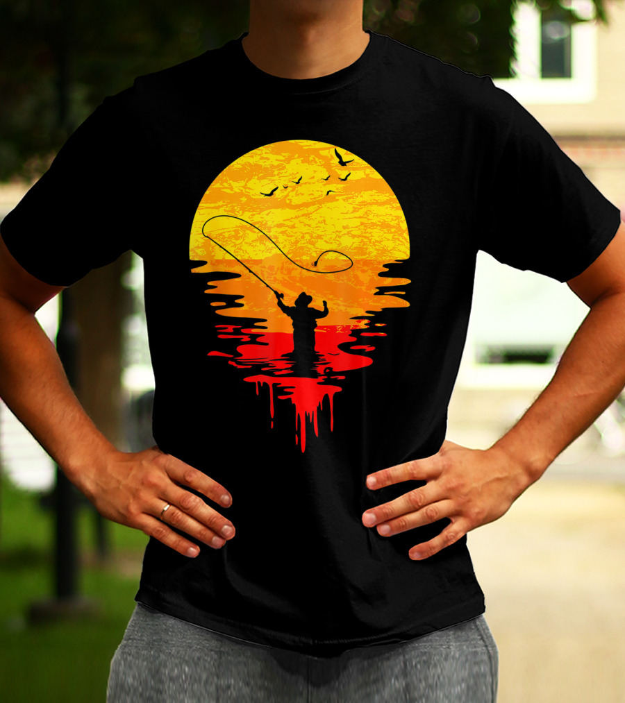 Fly Fishing At Sunset Vintage Style Silhouette With Birds T-Shirt