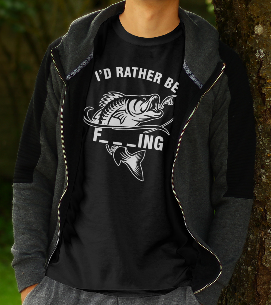 I'd Rather Be Fishing Funny Fisherman Puns With Fishing Hook And Big Fish T-Shirt