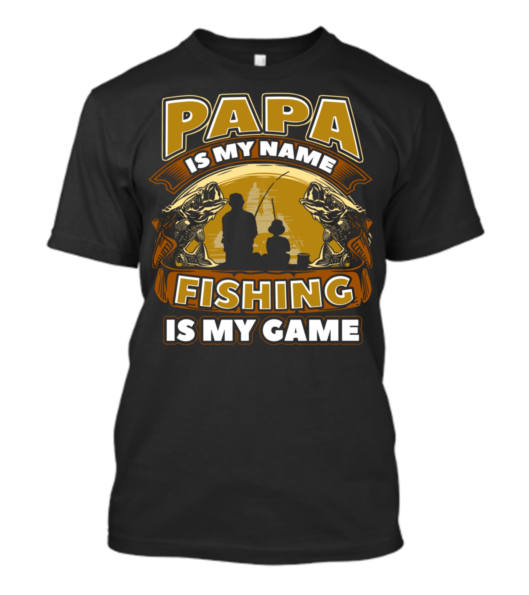 Papa Is My Name Fishing Is My Game Silhouette And Fish Reflections T-Shirt