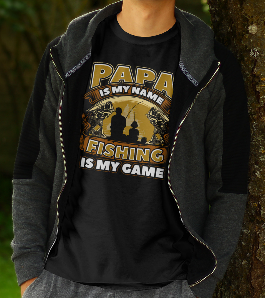 Papa Is My Name Fishing Is My Game Silhouette And Fish Reflections T-Shirt