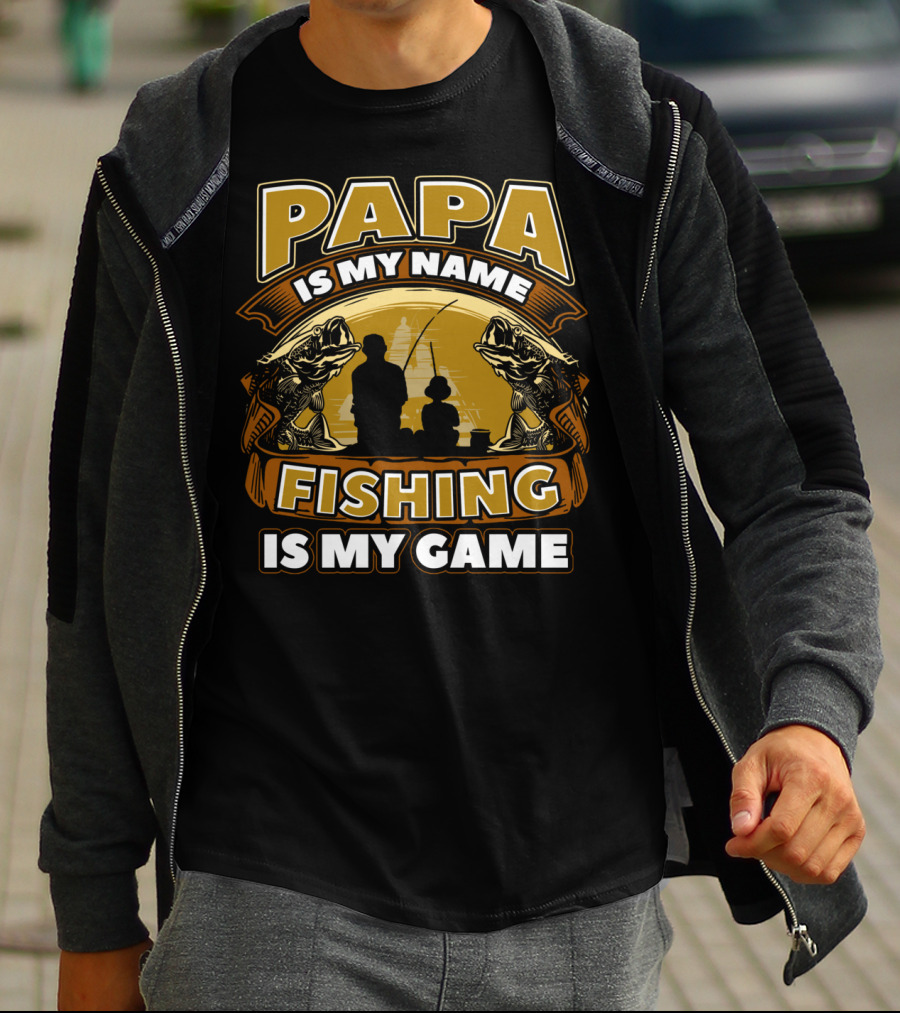 Papa Is My Name Fishing Is My Game Silhouette And Fish Reflections T-Shirt