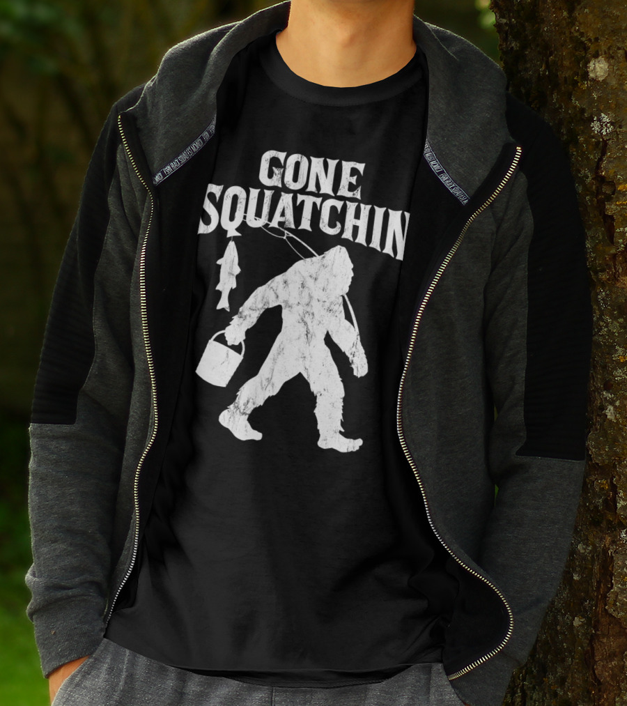 Gone Squatchin Bigfoot Fishing Pole Bucket Fish T-Shirt