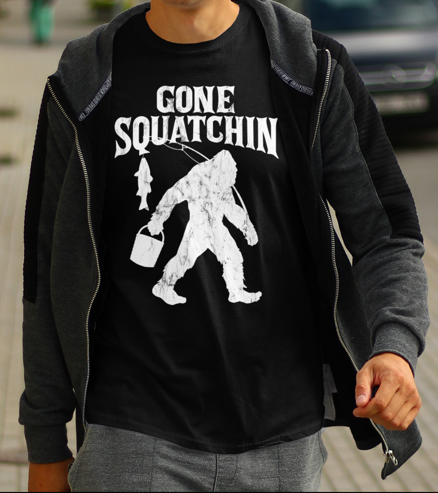 Gone Squatchin Bigfoot Fishing Pole Bucket Fish T-Shirt