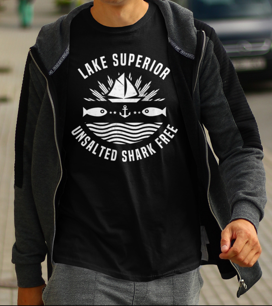Lake Superior Unsalted Shark Free Nautical Anchor Sailboat Fish Waves T-Shirt
