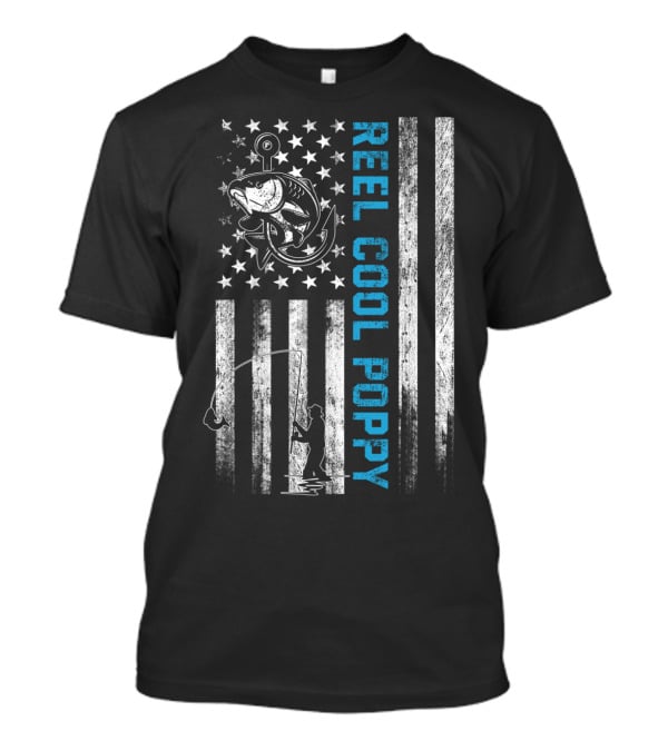 Reel Cool Poppy American Flag Fishing Fish Stars Stripes T-Shirt