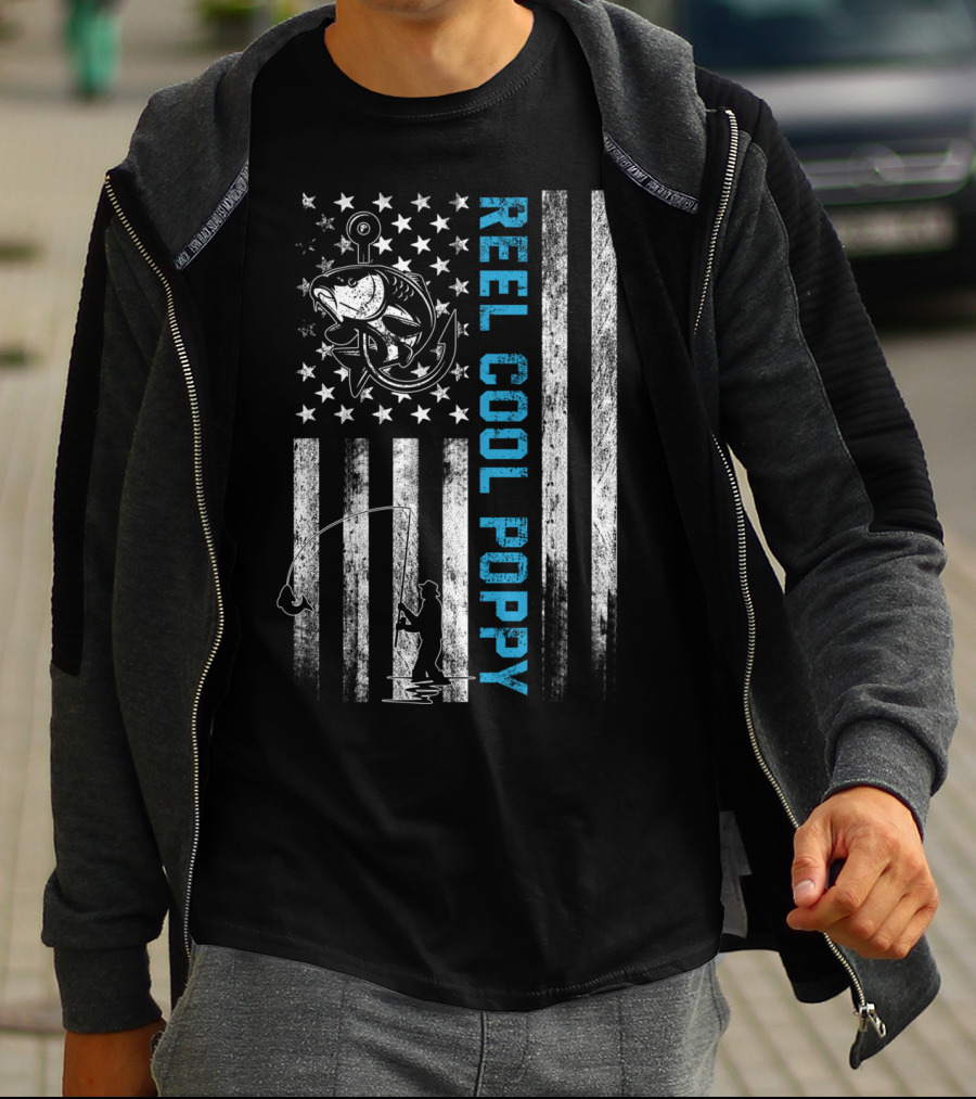 Reel Cool Poppy American Flag Fishing Fish Stars Stripes T-Shirt