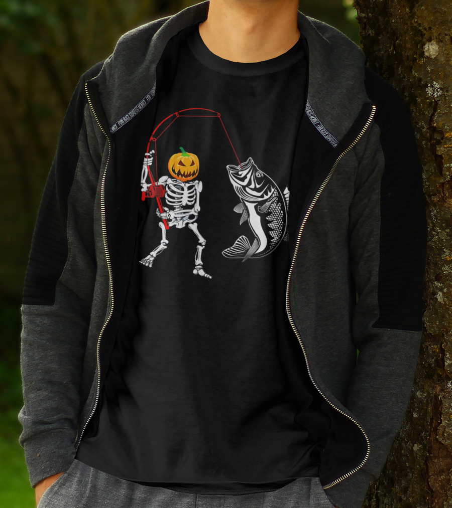 Halloween Pumpkin Skeleton Fishing With Bass Catch T-Shirt