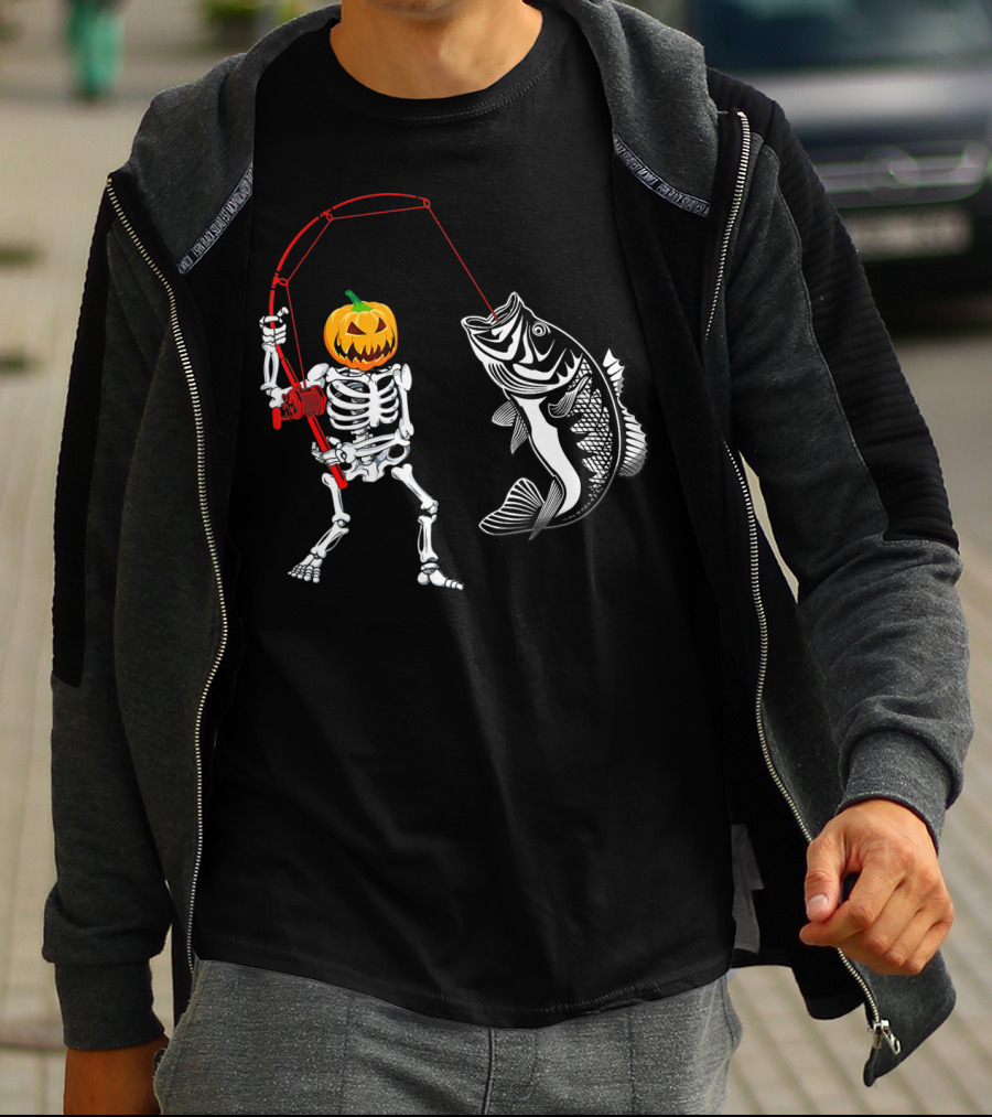 Halloween Pumpkin Skeleton Fishing With Bass Catch T-Shirt