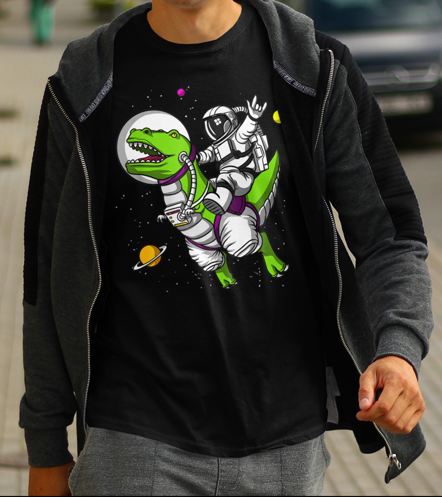 Astronaut Riding TRex Dinosaur In Outer Space With Planets T-Shirt