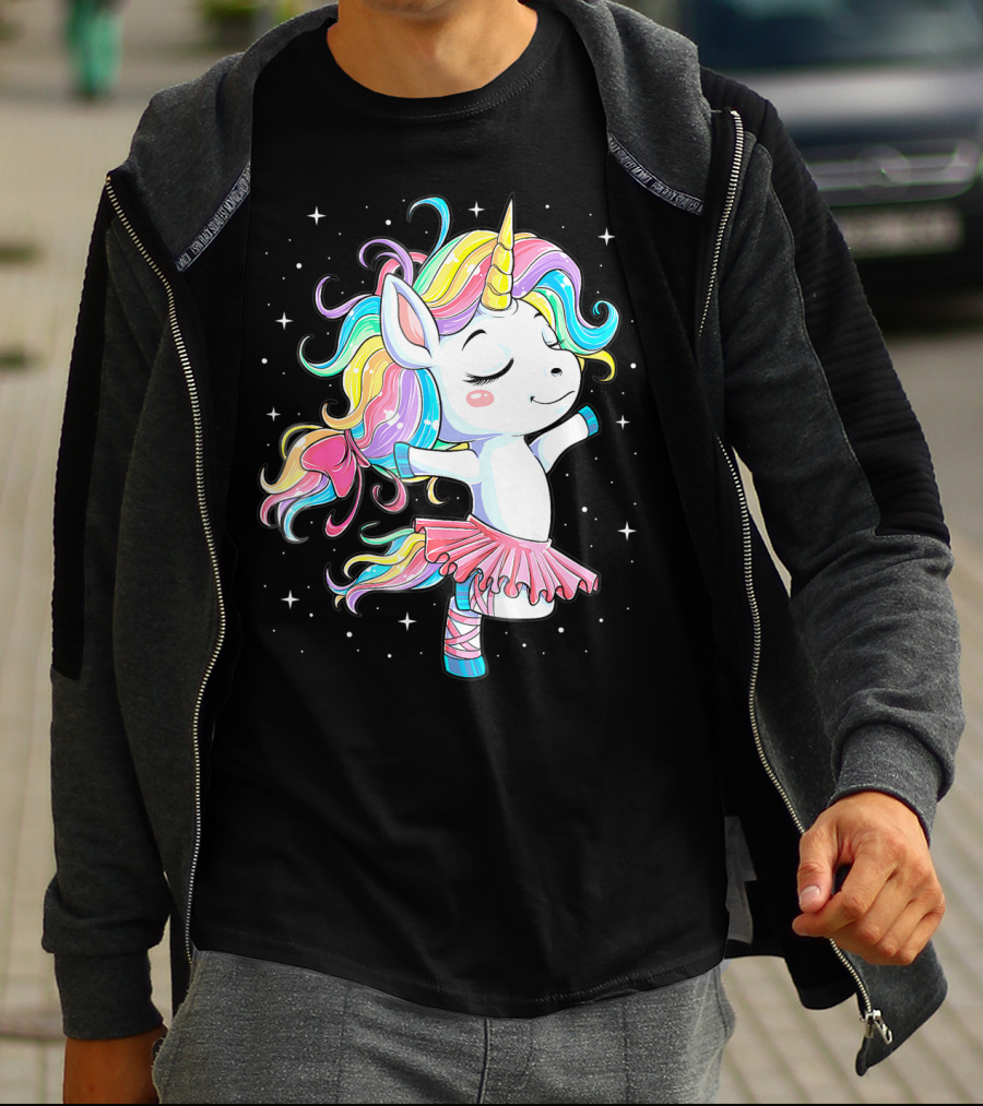 Ballet Dancer Unicorn Kids Girls Rainbow Ballerina Twirling Among Stars T-Shirt