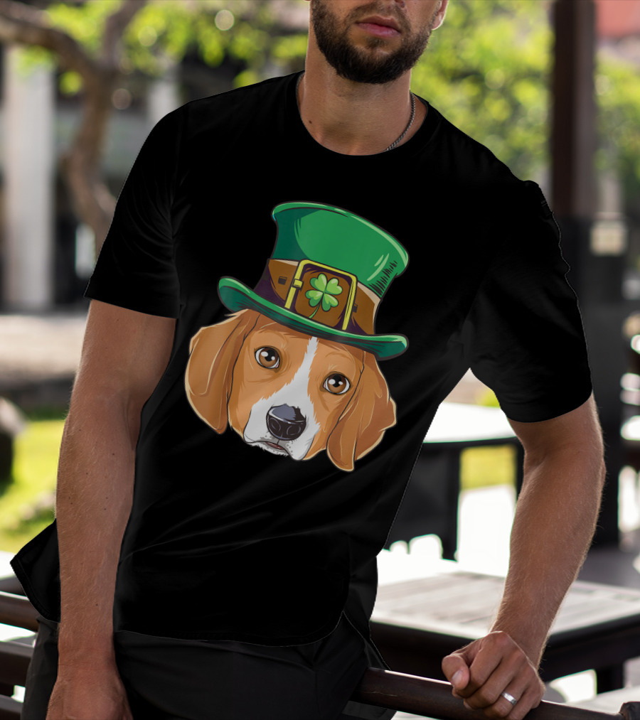 Beagle Wearing Leprechaun Hat With Shamrock T-Shirt