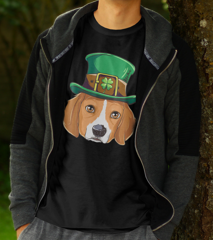 Beagle Wearing Leprechaun Hat With Shamrock T-Shirt