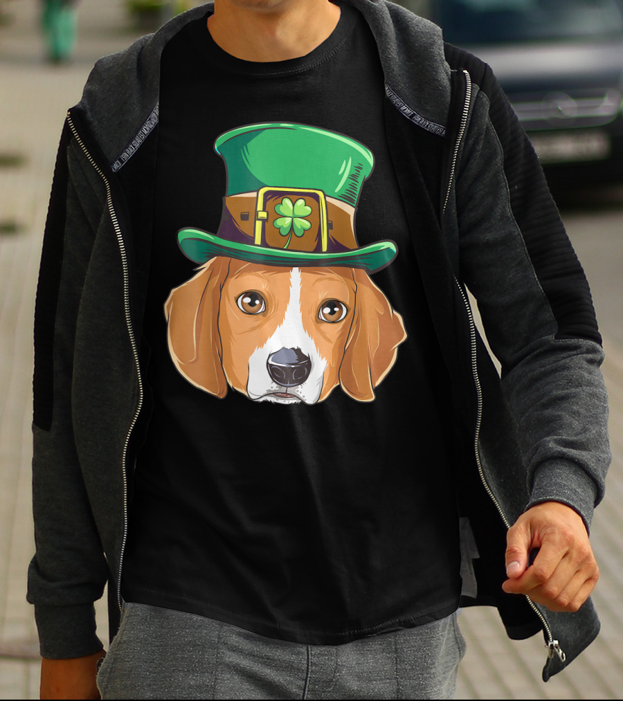 Beagle Wearing Leprechaun Hat With Shamrock T-Shirt
