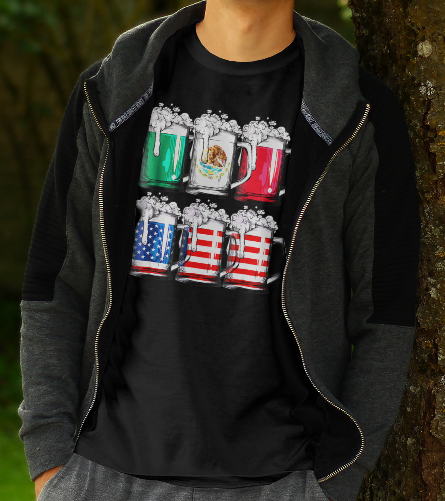 Beer Mugs Mexican American Flags Cinco De Mayo T-Shirt