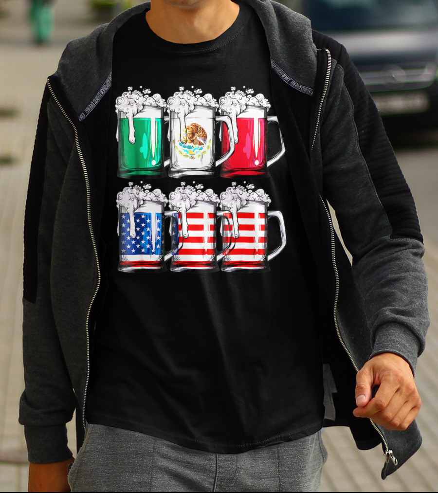 Beer Mugs Mexican American Flags Cinco De Mayo T-Shirt