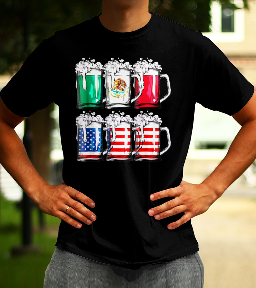 Beer Mugs Mexican American Flags Cinco De Mayo T-Shirt