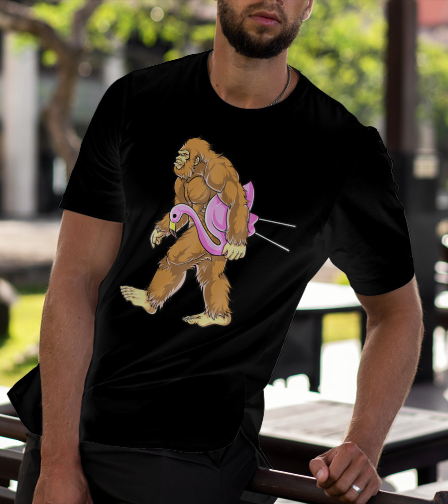 Bigfoot Carrying Pink Lawn Flamingo Humorous Sasquatch Image T-Shirt