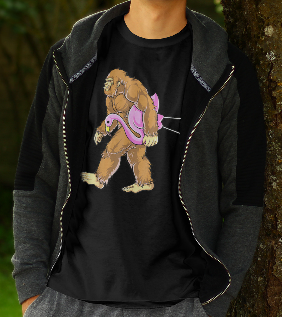 Bigfoot Carrying Pink Lawn Flamingo Humorous Sasquatch Image T-Shirt