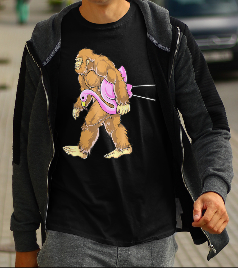 Bigfoot Carrying Pink Lawn Flamingo Humorous Sasquatch Image T-Shirt