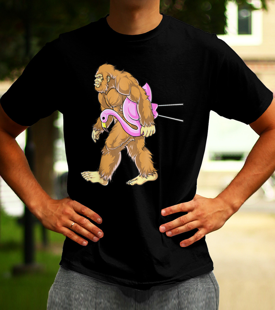 Bigfoot Carrying Pink Lawn Flamingo Humorous Sasquatch Image T-Shirt