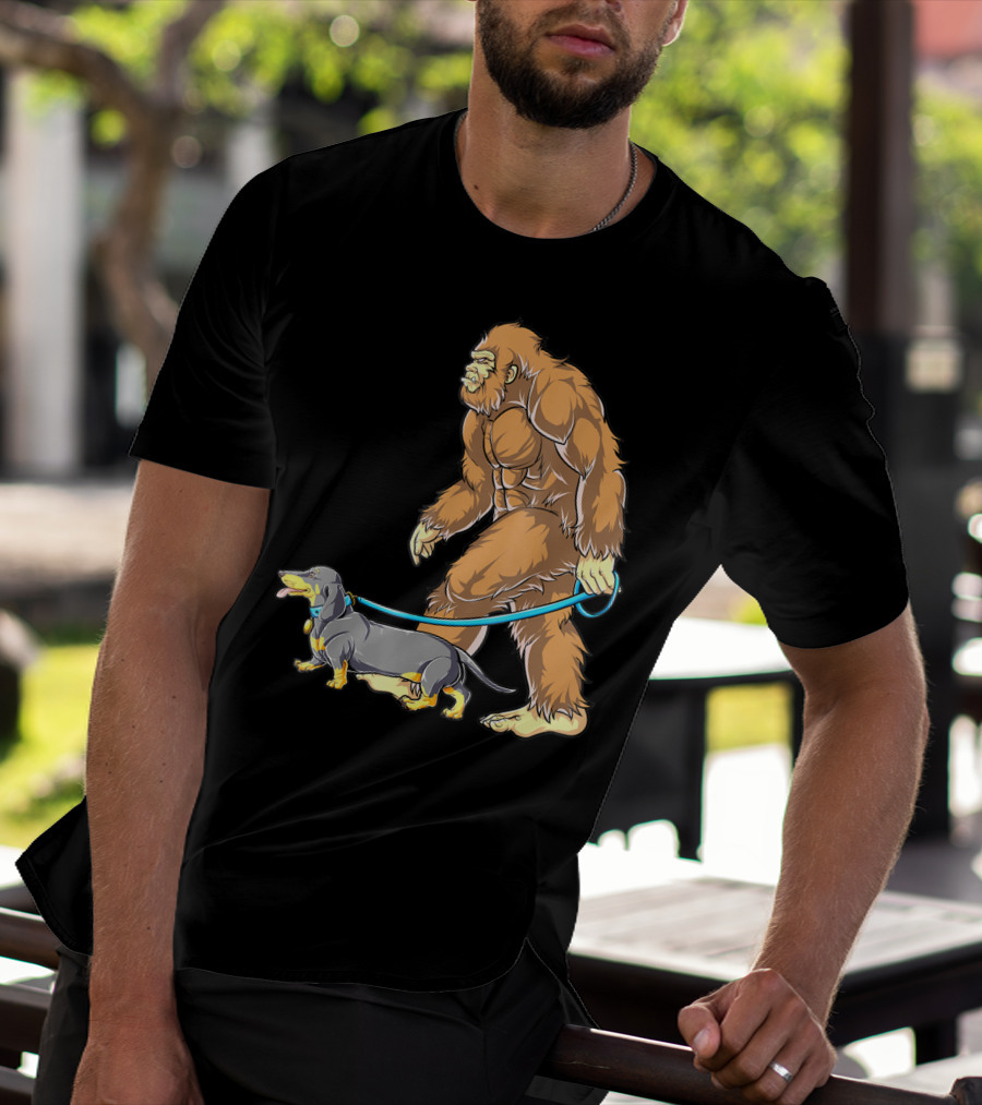Bigfoot Sasquatch Walking Dachshund Dog T-Shirt