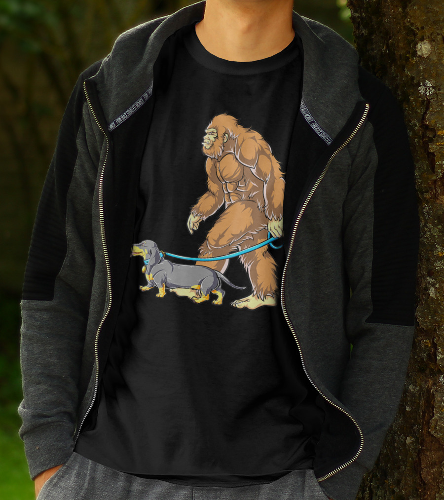 Bigfoot Sasquatch Walking Dachshund Dog T-Shirt