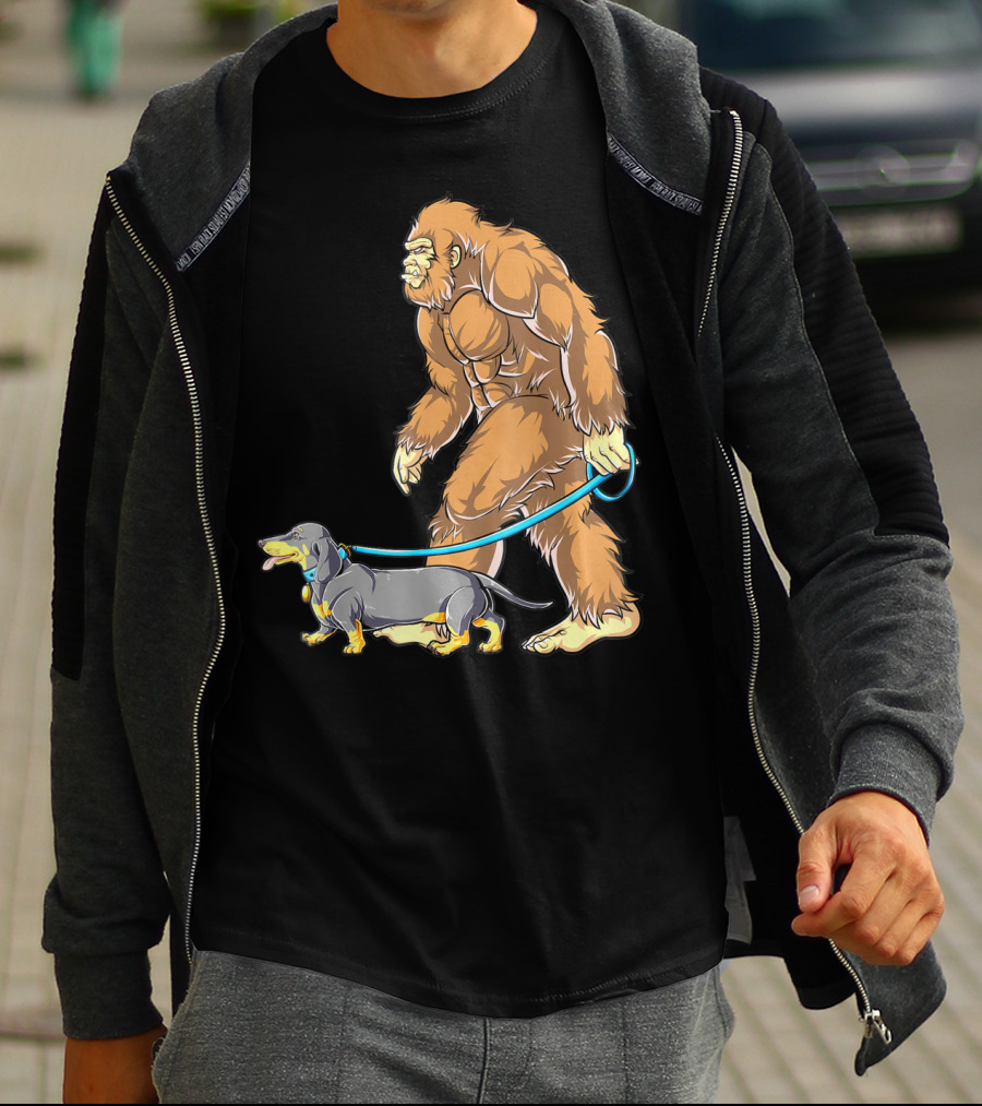 Bigfoot Sasquatch Walking Dachshund Dog T-Shirt