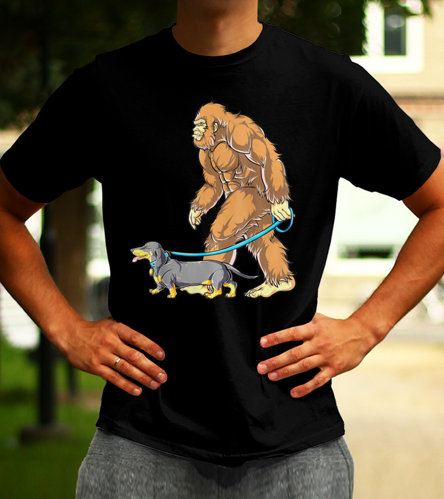 Bigfoot Sasquatch Walking Dachshund Dog T-Shirt