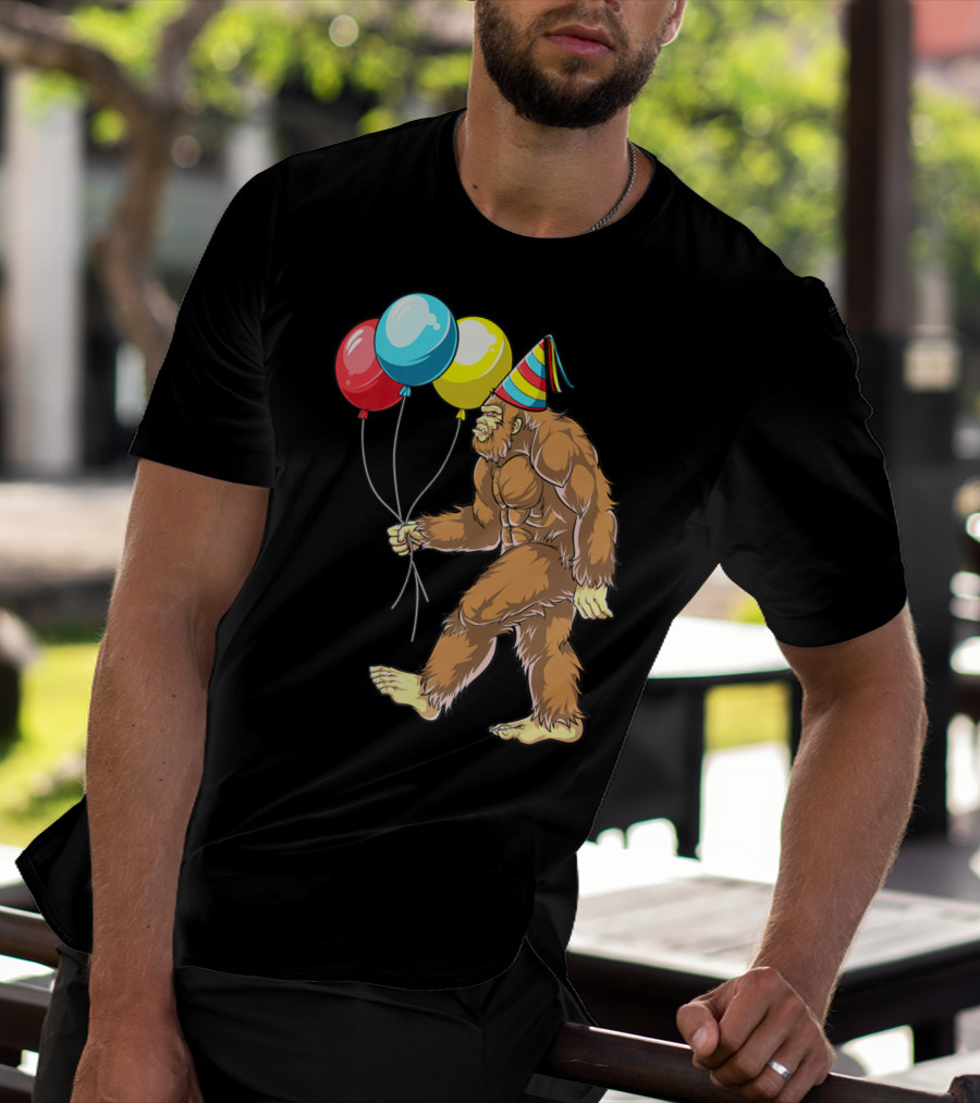 Bigfoot It's My Birthday Kids Boys Sasquatch Party With Balloons And Party Hat T-Shirt