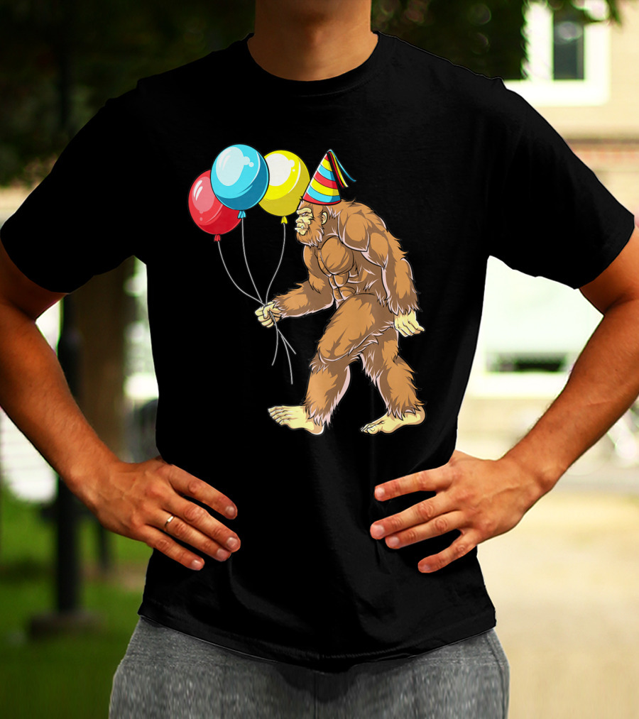 Bigfoot It's My Birthday Kids Boys Sasquatch Party With Balloons And Party Hat T-Shirt