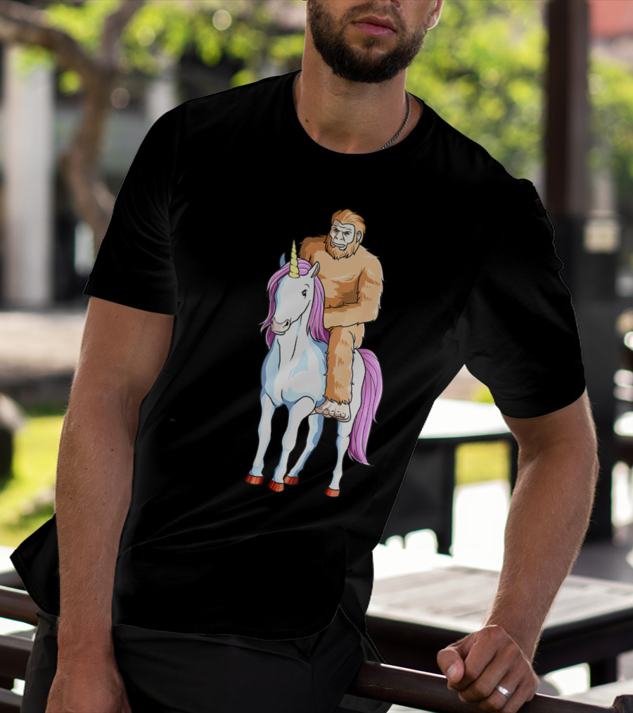 Bigfoot Sasquatch Riding Unicorn Mythical Creature Adventure T-Shirt