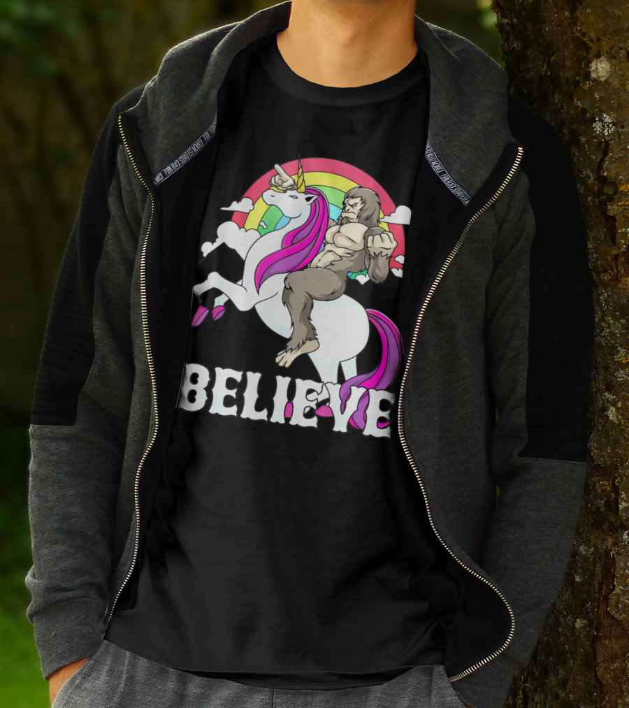 Bigfoot Riding Unicorn With Rainbow Believe T-Shirt