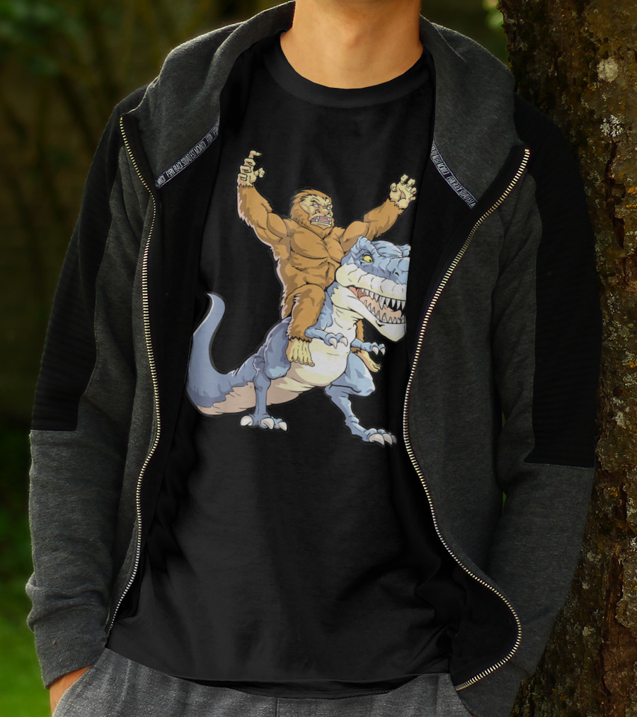 Bigfoot Sasquatch Riding Dinosaur Adventure T-Shirt