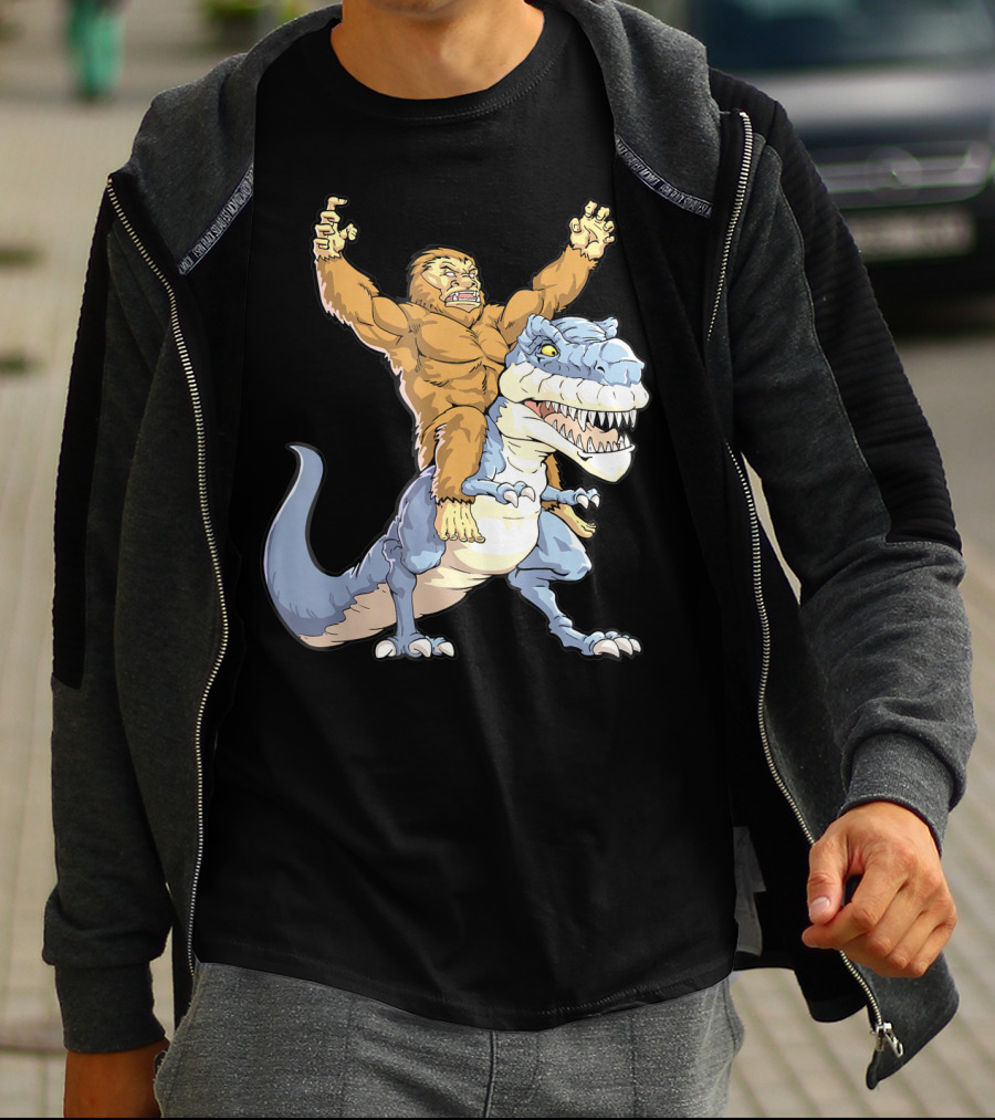 Bigfoot Sasquatch Riding Dinosaur Adventure T-Shirt