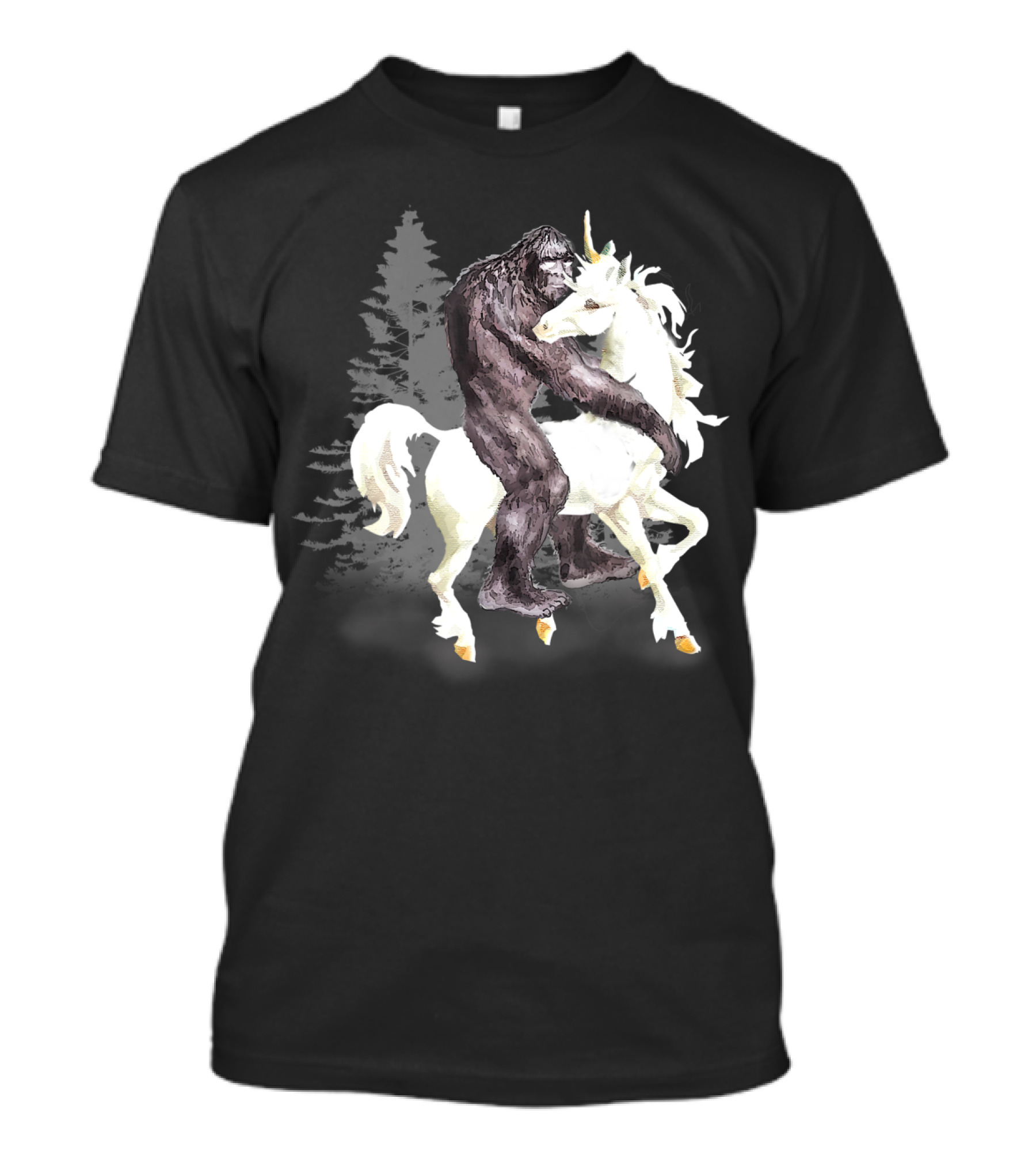 Bigfoot Sasquatch On A Unicorn In Mystical Forest Scene T-Shirt