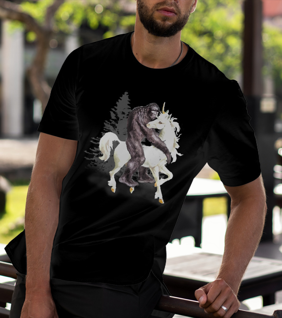 Bigfoot Sasquatch On A Unicorn In Mystical Forest Scene T-Shirt