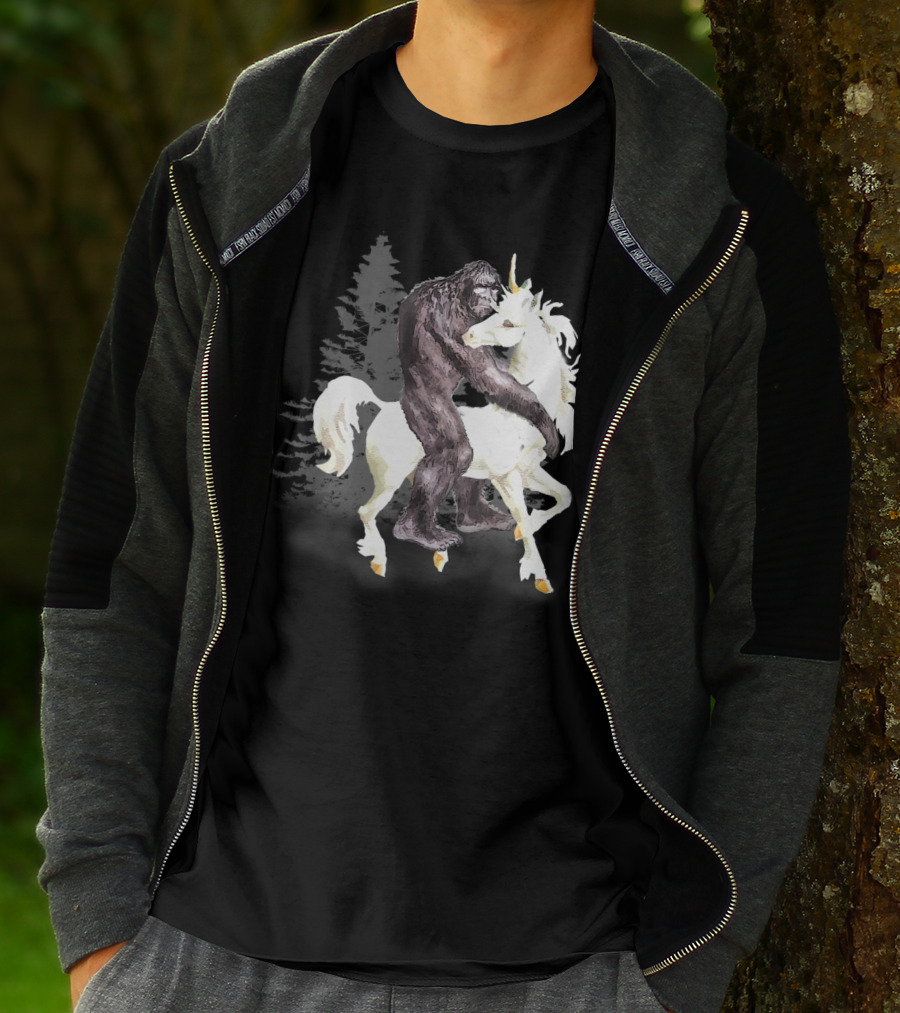 Bigfoot Sasquatch On A Unicorn In Mystical Forest Scene T-Shirt