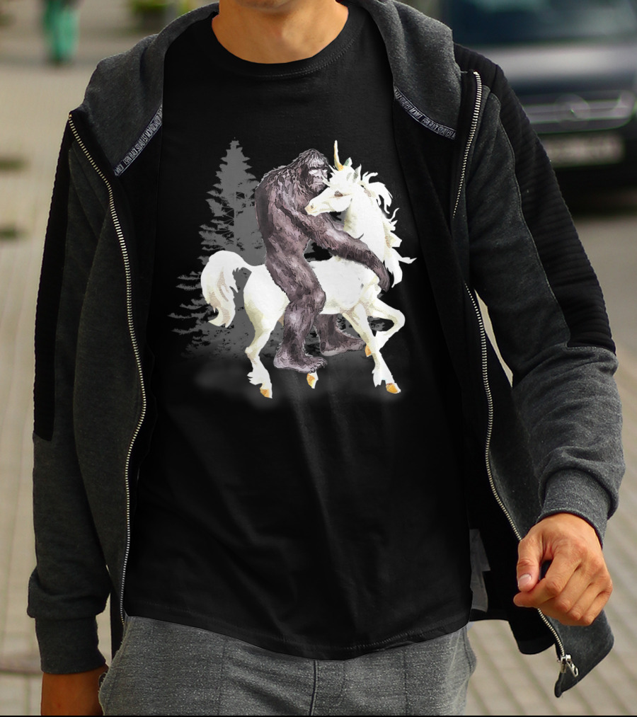 Bigfoot Sasquatch On A Unicorn In Mystical Forest Scene T-Shirt