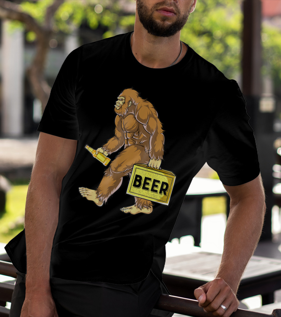 Bigfoot With Beer Funny Sasquatch Drinking Party Carrying Beer Box T-Shirt