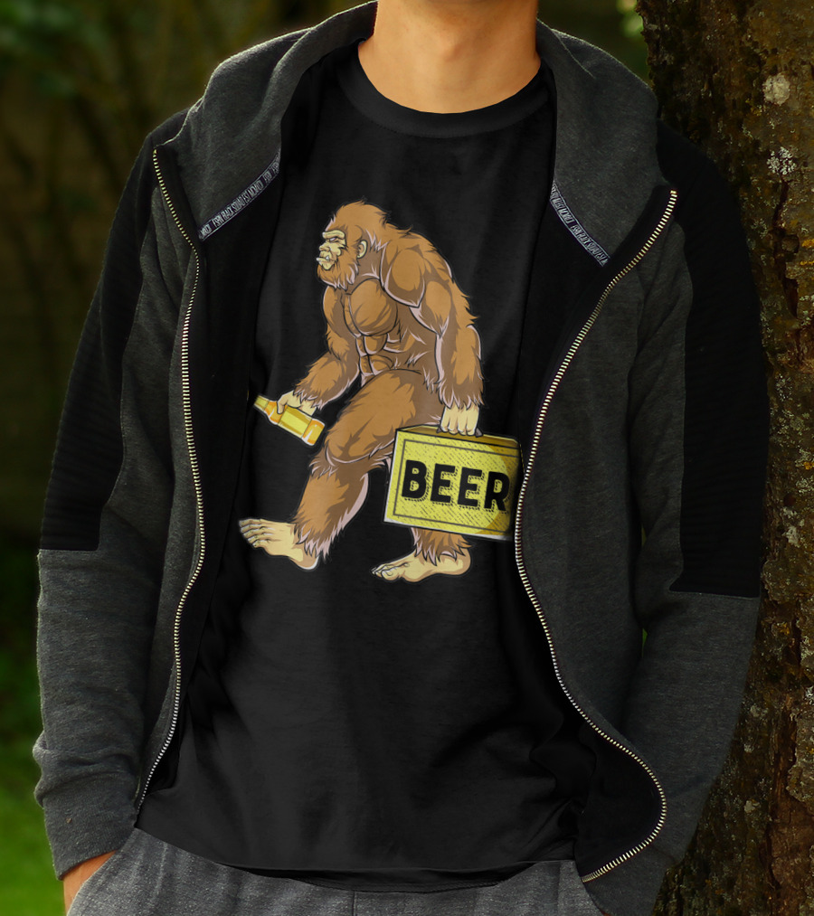 Bigfoot With Beer Funny Sasquatch Drinking Party Carrying Beer Box T-Shirt